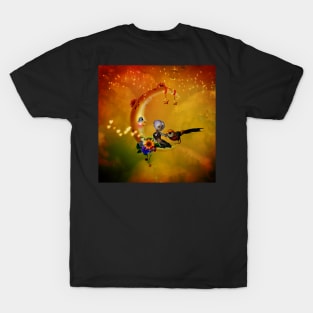Little girl with fantasy bird on the moon T-Shirt